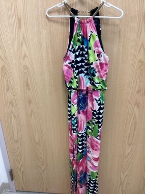 Halter Floral  Maxi Dress  in Pink & Green